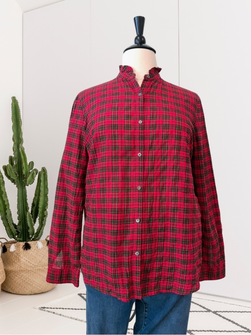J.McLaughlin Ruffle Neck Plaid Button Down Shirt Top